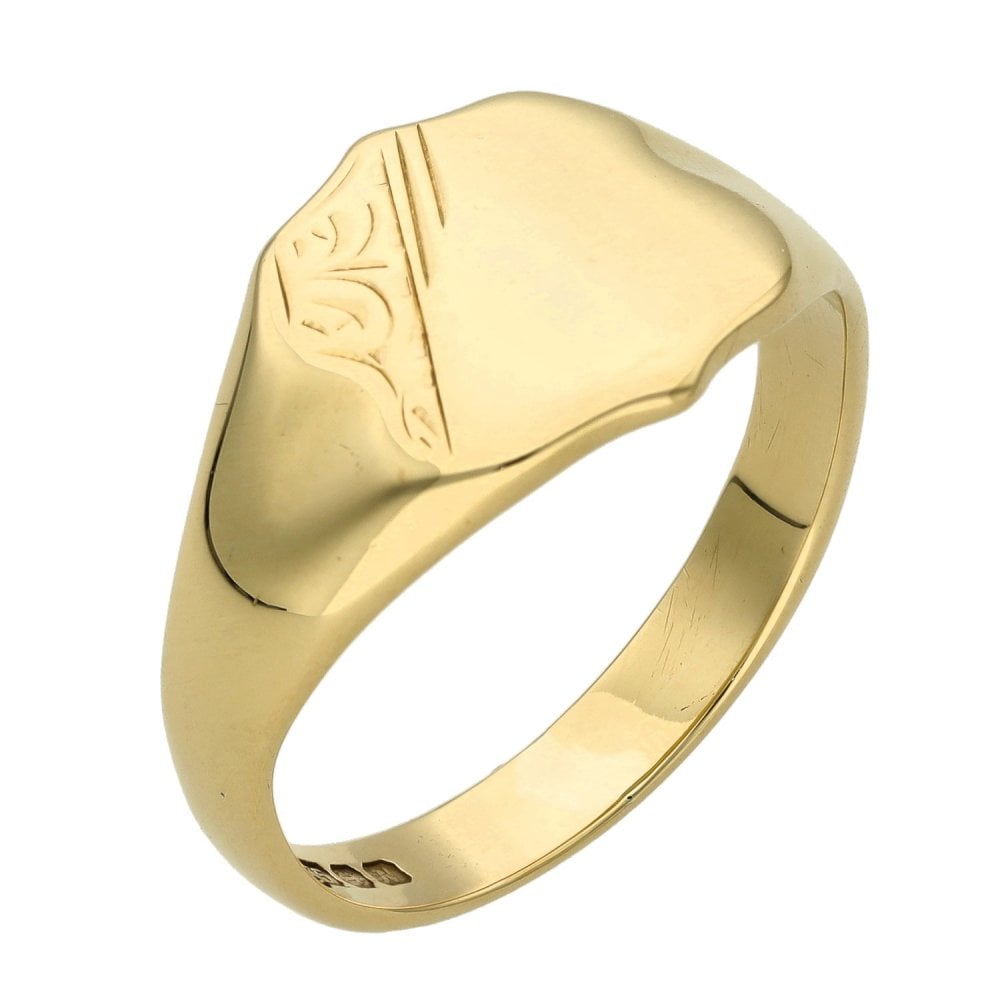 9ct Yellow Gold Half Engraved Signet Ring - Size V - 13mm