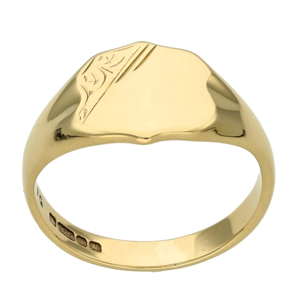 9ct Yellow Gold Half Engraved Signet Ring - Size V - 13mm