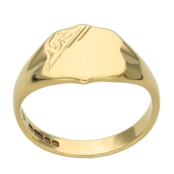 9ct Yellow Gold Half Engraved Signet Ring - Size V - 13mm