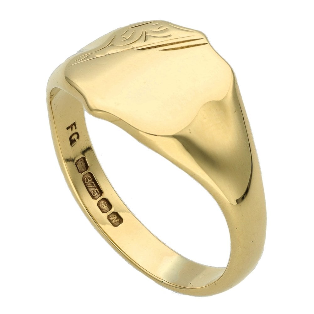 9ct Yellow Gold Half Engraved Signet Ring - Size V - 13mm