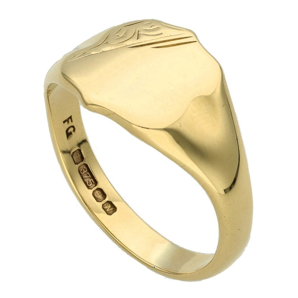 9ct Yellow Gold Half Engraved Signet Ring - Size V - 13mm