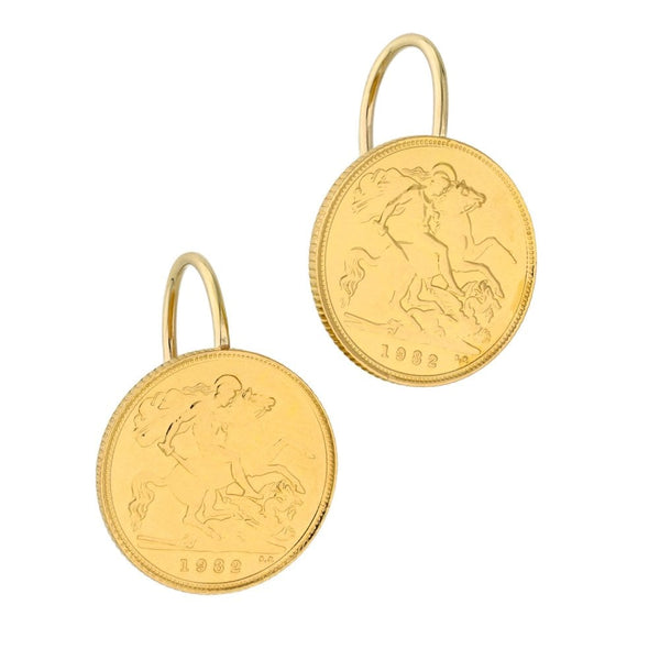 1982 Yellow Gold Half Sovereign Coin Earrings - 9.6g