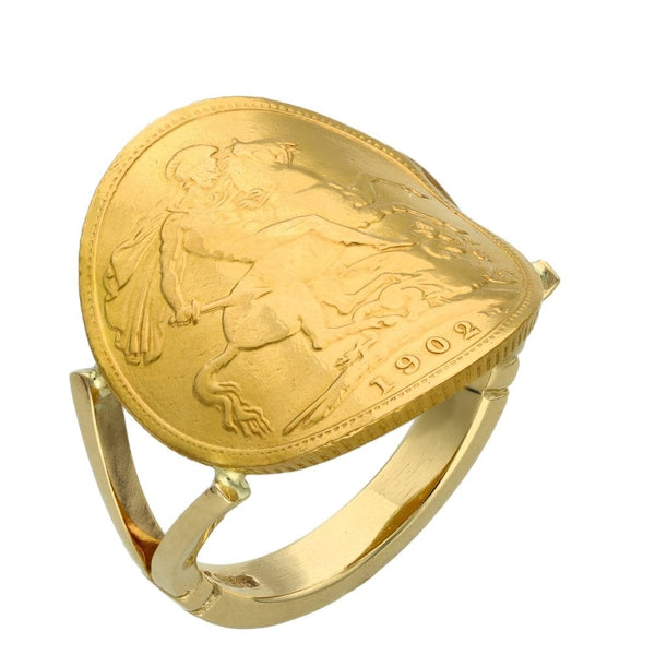 1902 Yellow Gold Bent Over Full Sovereign Coin Ring - Size R½