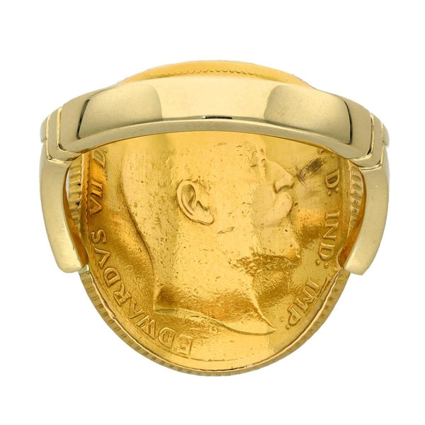 1902 Yellow Gold Bent Over Full Sovereign Coin Ring - Size R½