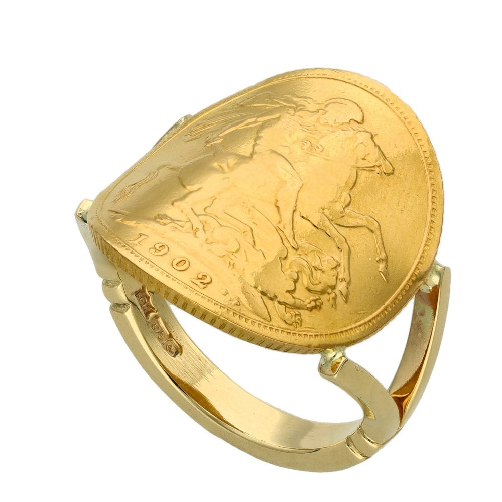 1902 Yellow Gold Bent Over Full Sovereign Coin Ring - Size R½
