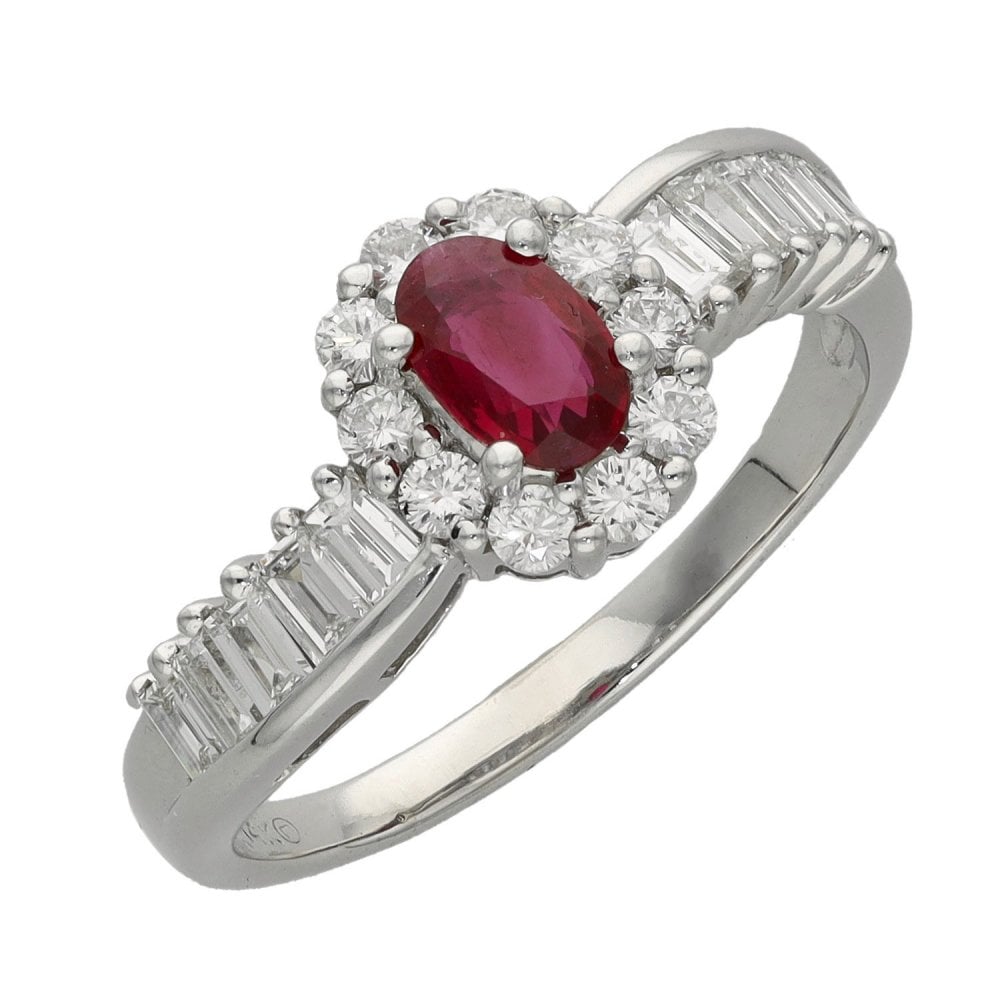14ct White Gold Diamond & Ruby Cluster Ring - Size O - 0.75ct