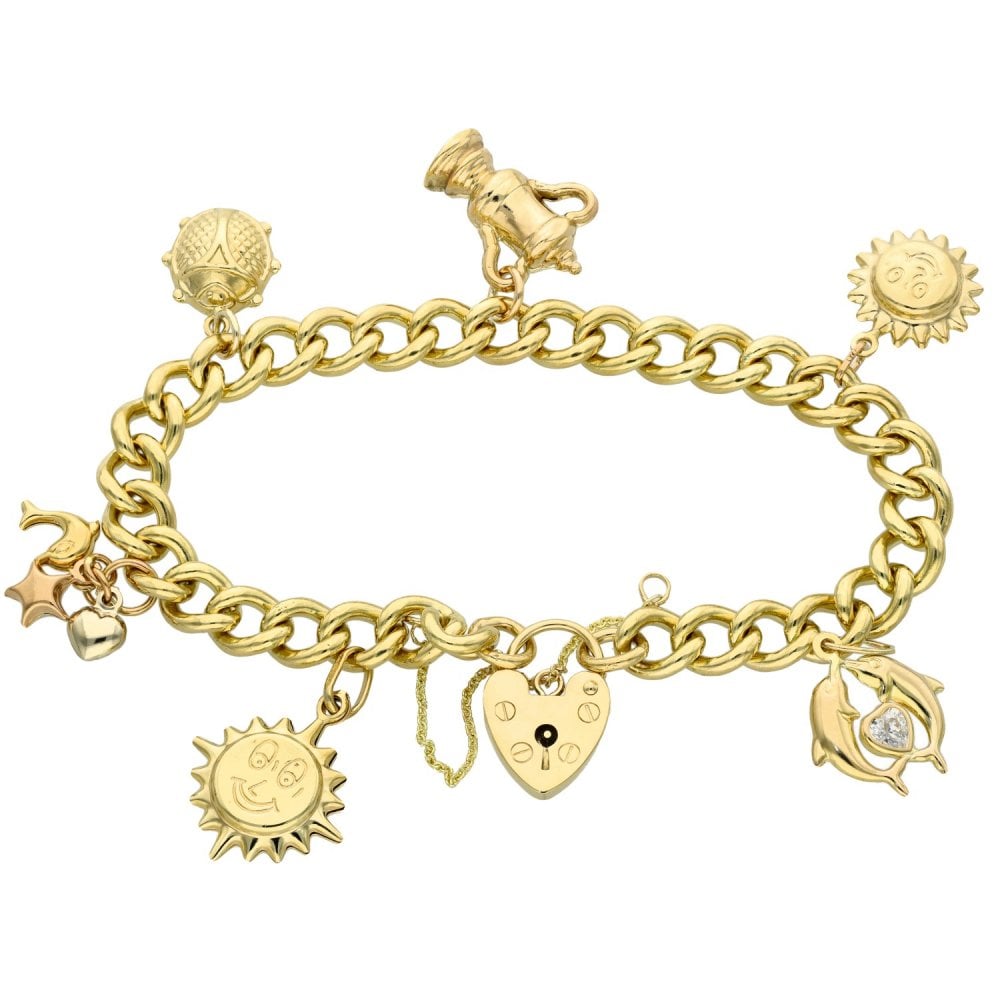 Ladies 9ct Yellow Gold Charm Bracelet - 7.5" - 32.8g