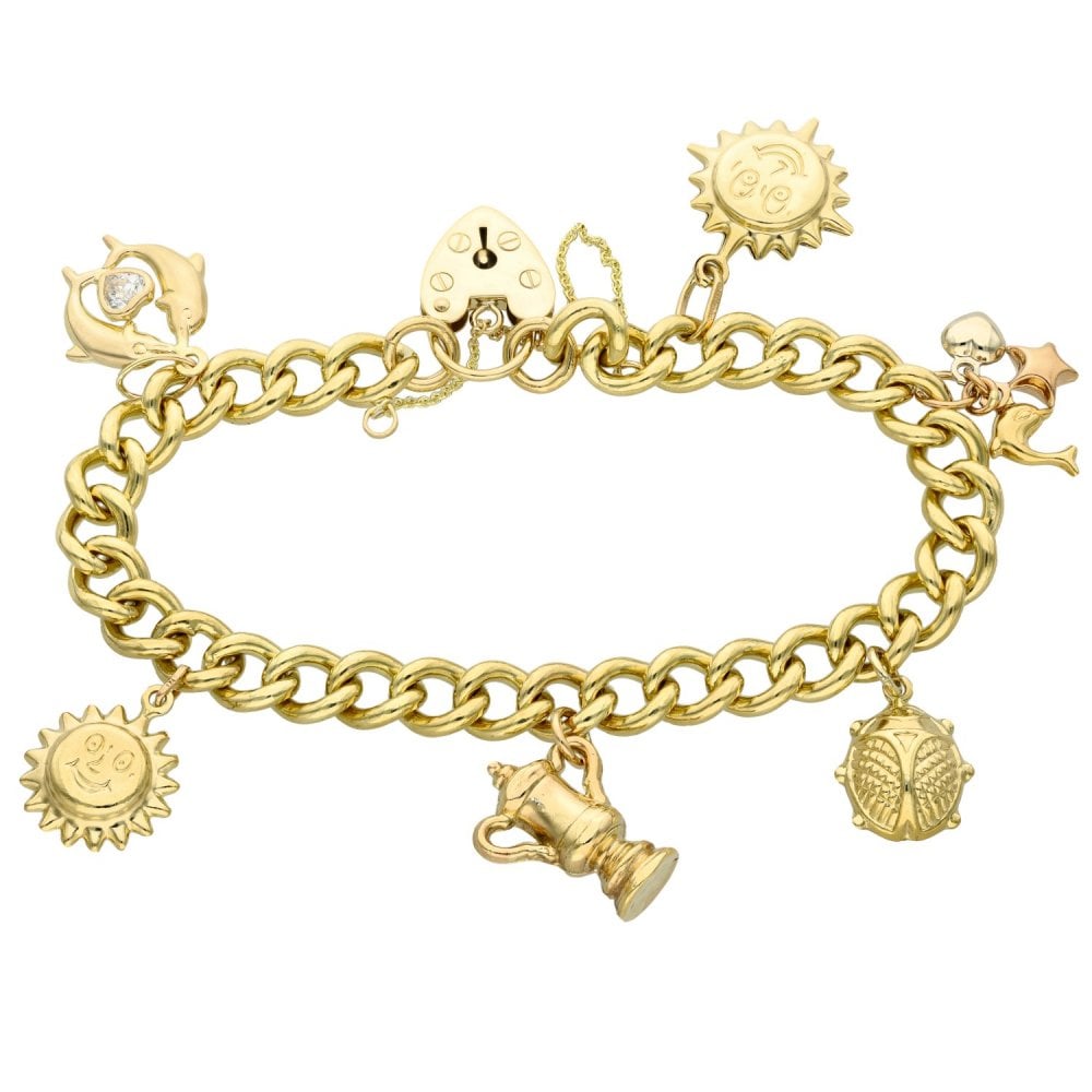 Ladies 9ct Yellow Gold Charm Bracelet - 7.5" - 32.8g