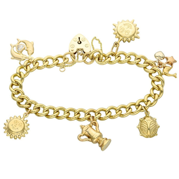 Ladies 9ct Yellow Gold Charm Bracelet - 7.5" - 32.8g