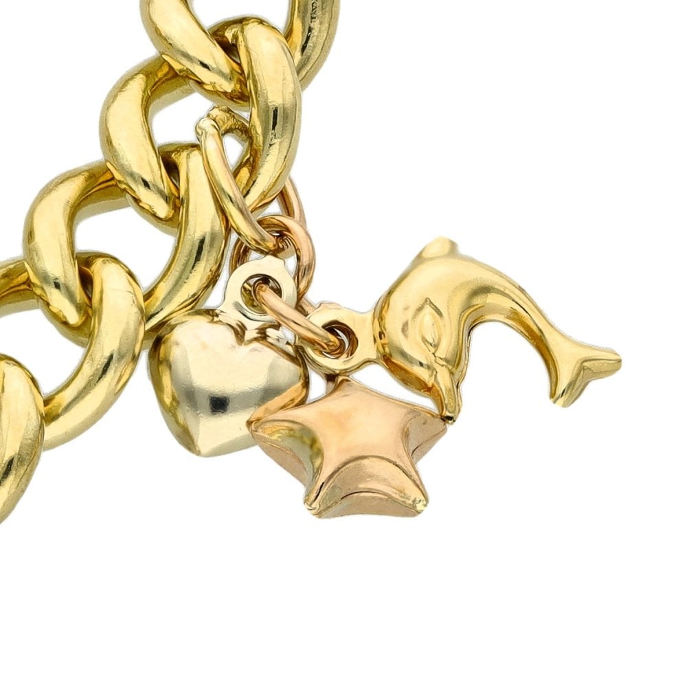 Ladies 9ct Yellow Gold Charm Bracelet - 7.5" - 32.8g