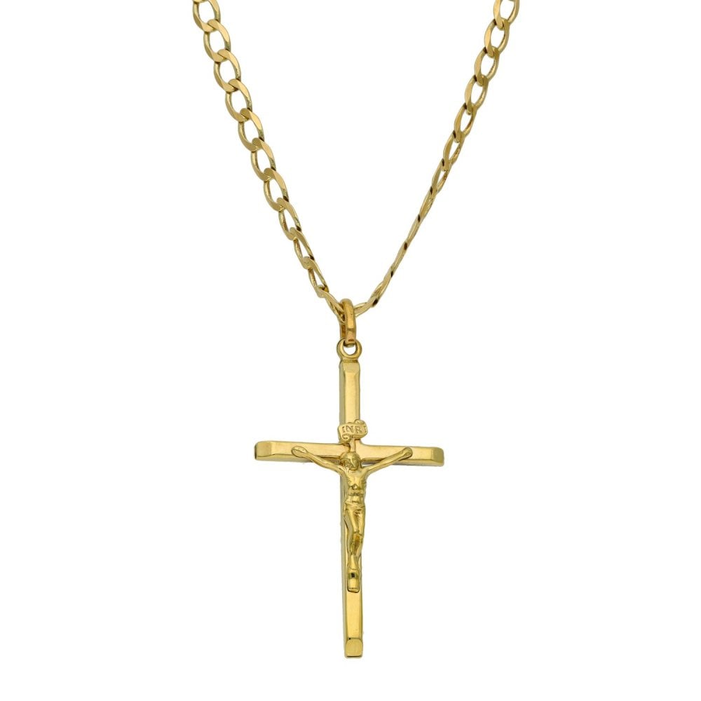 Ladies 9ct Yellow Gold Crucifix Pendant & Chain - 18" - 4.7g