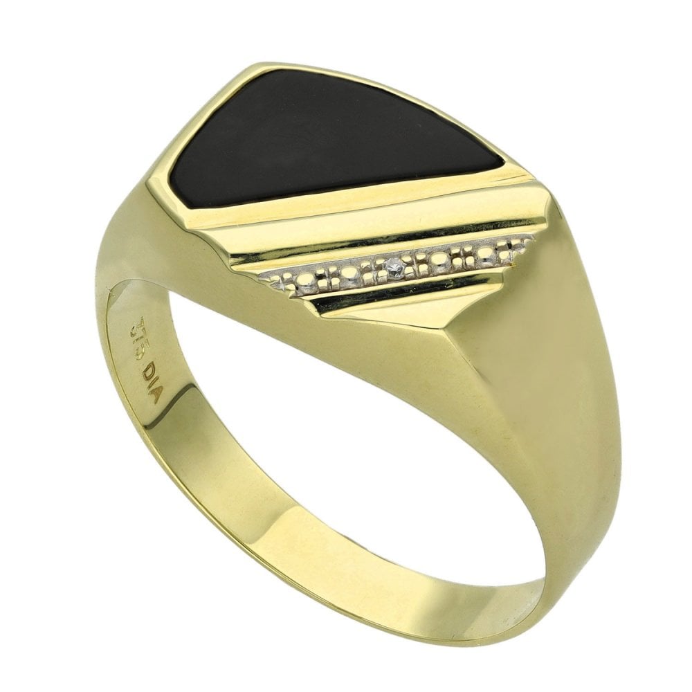 Mens 9ct Yellow Gold Black Onyx & Stone Set Signet Ring