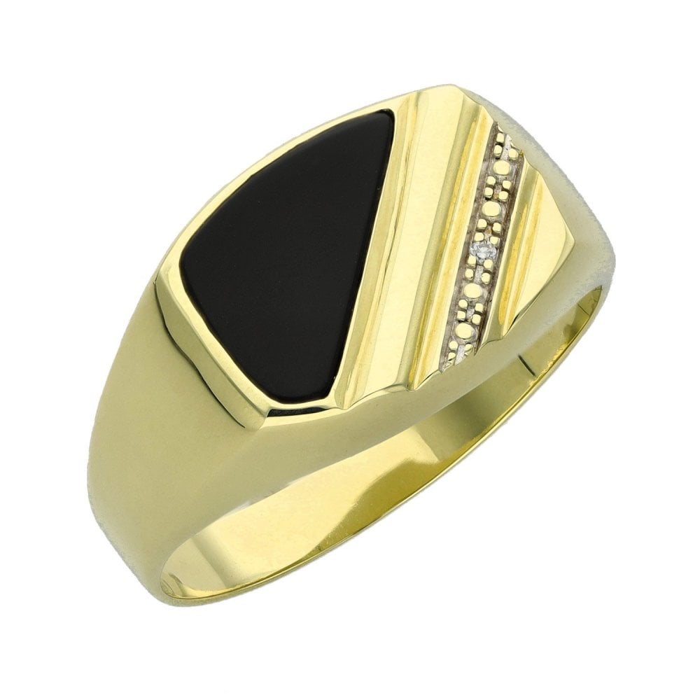 Mens 9ct Yellow Gold Black Onyx & Stone Set Signet Ring