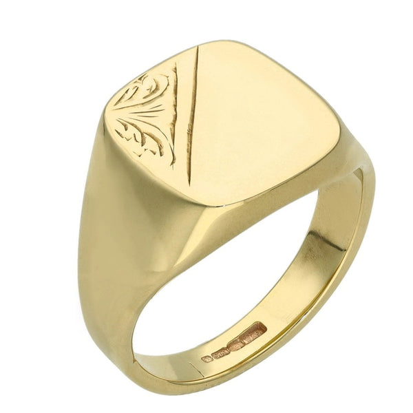 Gents 9ct Yellow Gold Half Engraved Signet Ring - Size Q