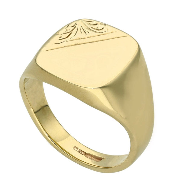 Gents 9ct Yellow Gold Half Engraved Signet Ring - Size Q
