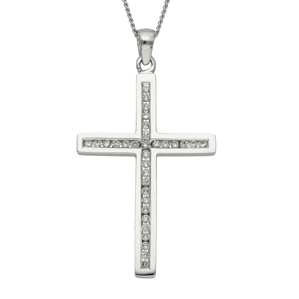 9ct White Gold Diamond Cross Pendant & Necklace - 18" - 6.0g
