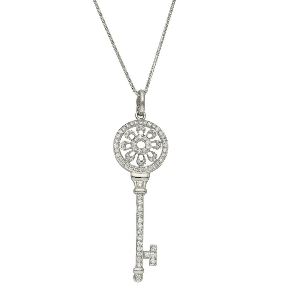 Ladies 18ct White Gold Diamond Set Key Pendant & 20" Chain