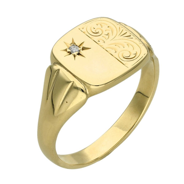 Gents 9ct Yellow Gold Diamond Set Signet Ring - Size U½