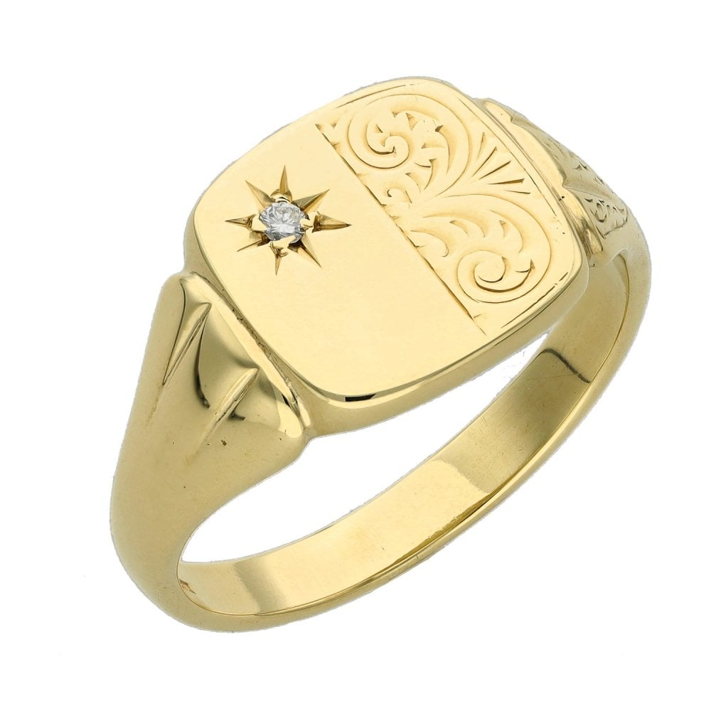 Gents 9ct Yellow Gold Diamond Set Signet Ring - Size U½