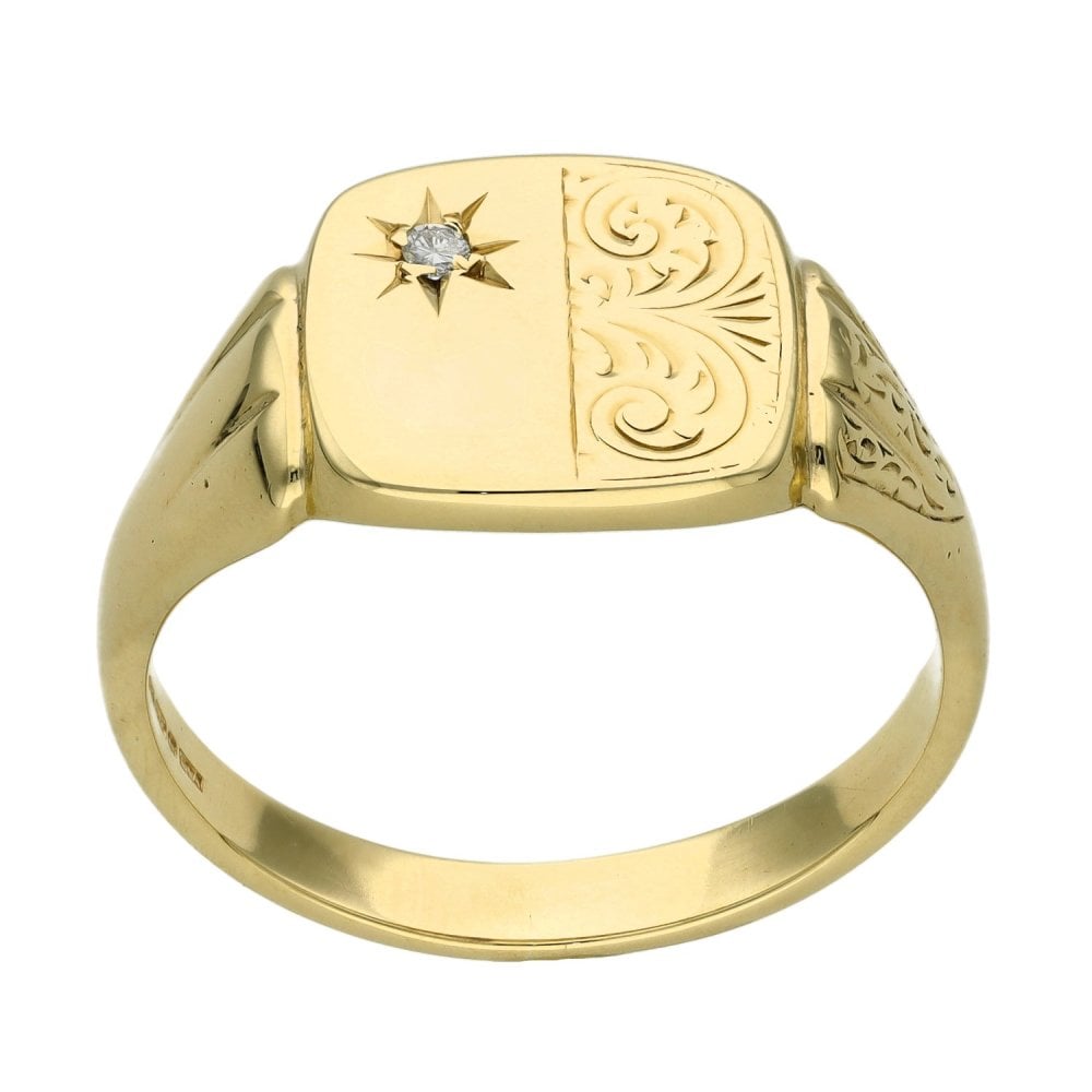 Gents 9ct Yellow Gold Diamond Set Signet Ring - Size U½