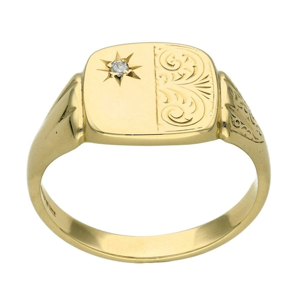 Gents 9ct Yellow Gold Diamond Set Signet Ring - Size U½