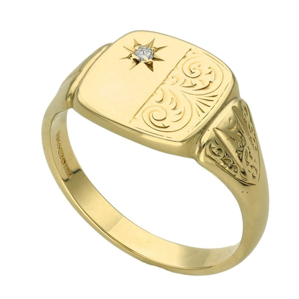 Gents 9ct Yellow Gold Diamond Set Signet Ring - Size U½