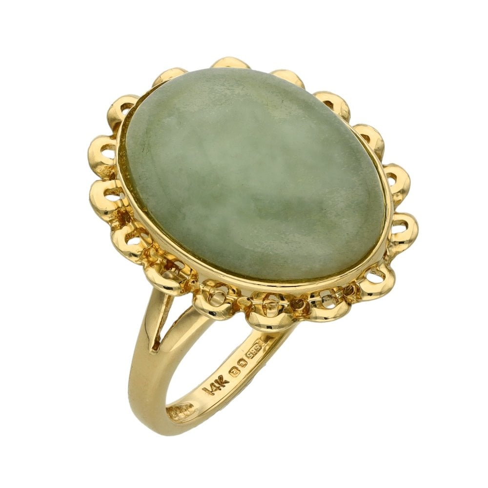 Ladies 14ct Yellow Gold Oval Jadeite Ring - Size H½