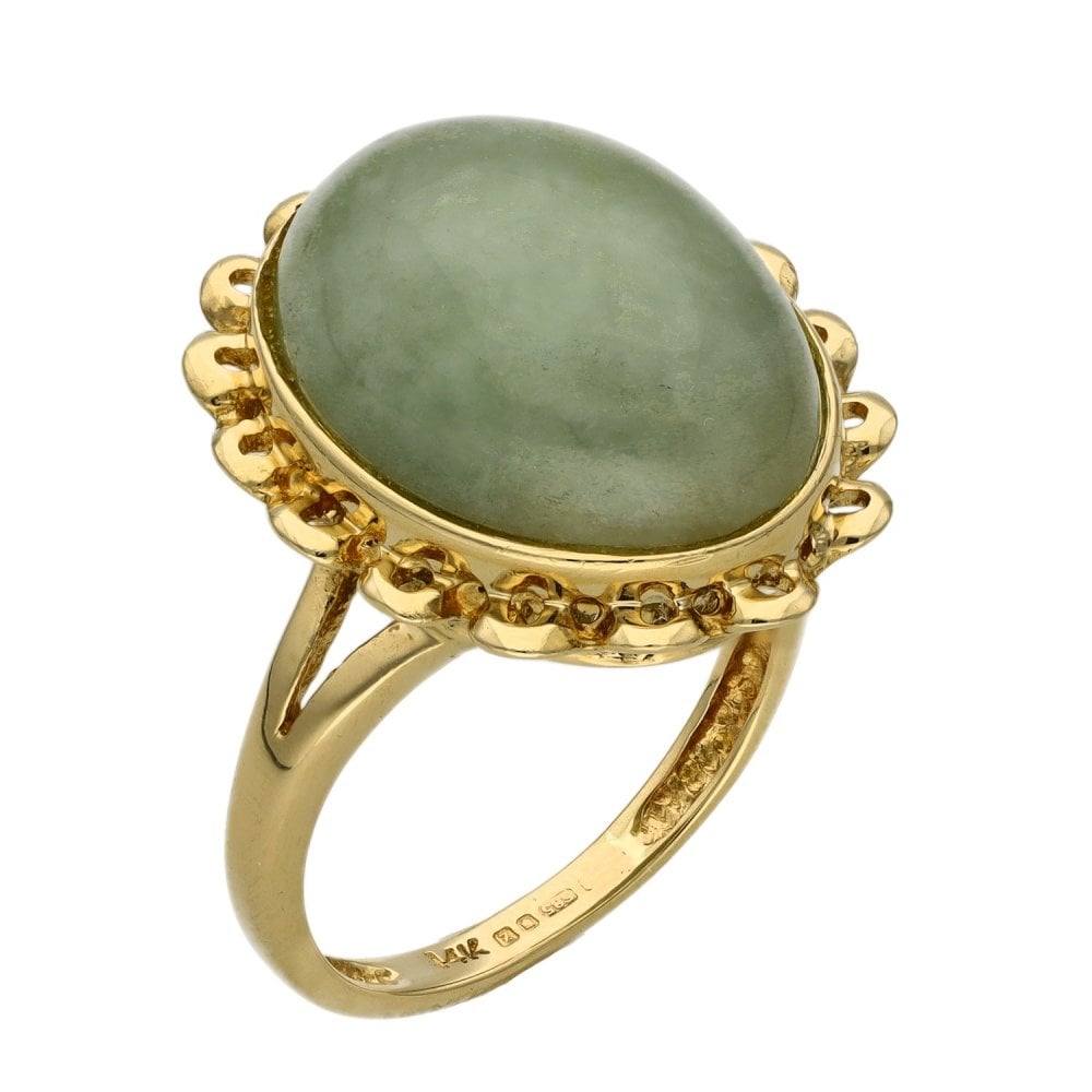Ladies 14ct Yellow Gold Oval Jadeite Ring - Size H½