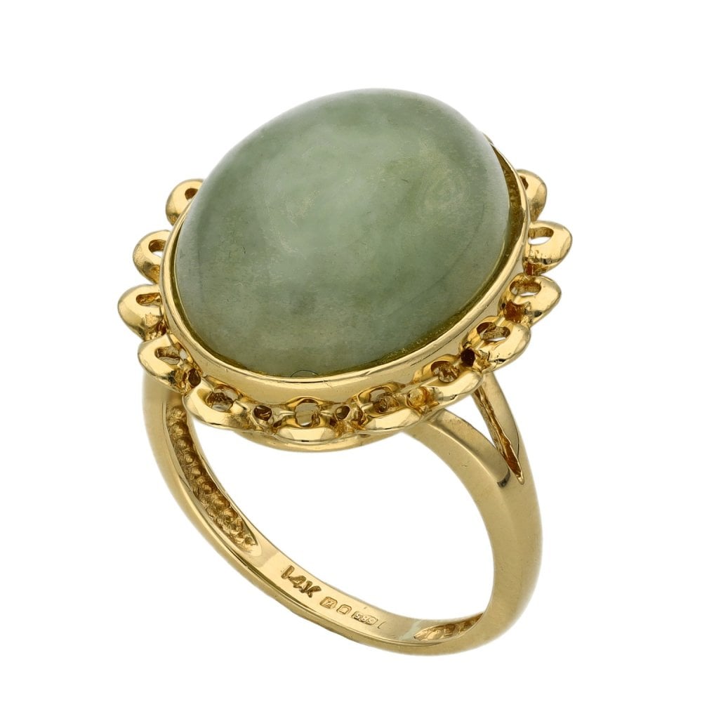 Ladies 14ct Yellow Gold Oval Jadeite Ring - Size H½