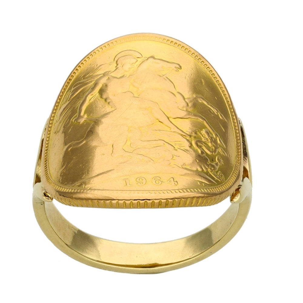 1964 Yellow Gold Full Sovereign Bent-Over Coin Ring - Size O½