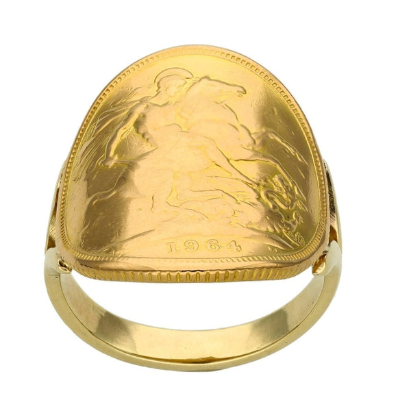 1964 Yellow Gold Full Sovereign Bent-Over Coin Ring - Size O½