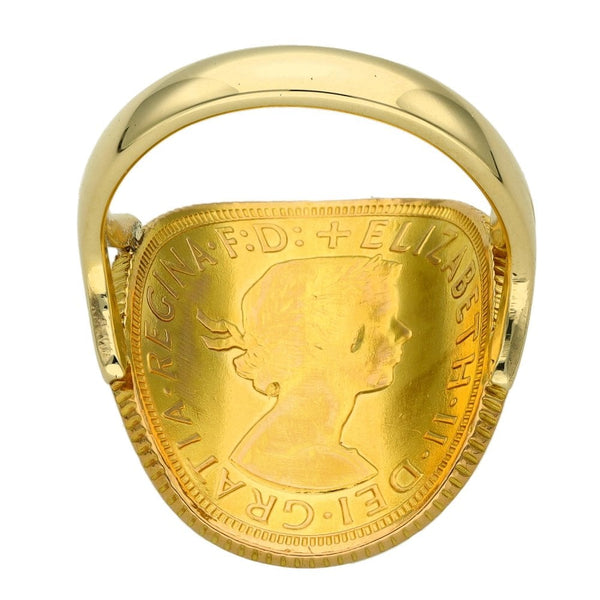 1964 Yellow Gold Full Sovereign Bent-Over Coin Ring - Size O½