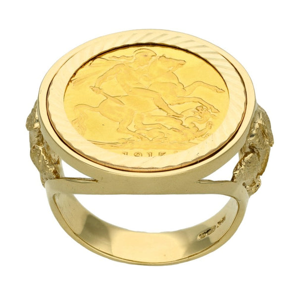 1915 Yellow Gold Mounted Full Sovereign Coin Ring - Size W
