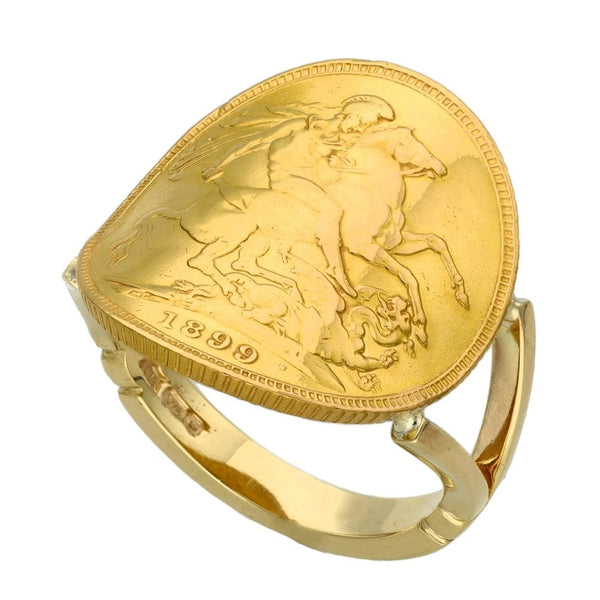 1899 Yellow Gold Full Sovereign Bent-Over Coin Ring - Size R