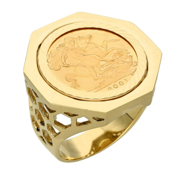 2001 Yellow Gold Mounted Full Sovereign Coin Ring - Size X½