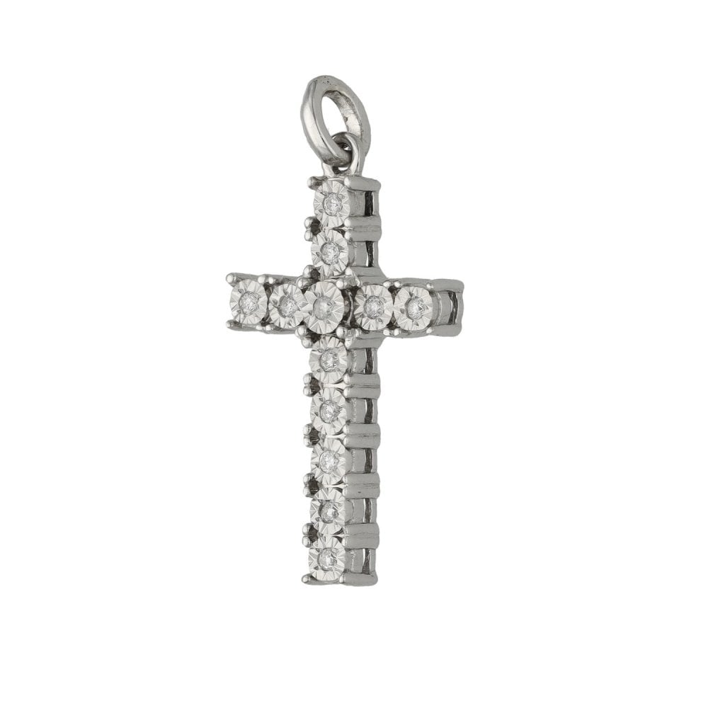 Ladies 9ct White Gold Diamond Set Cross Pendant - 0.05ct