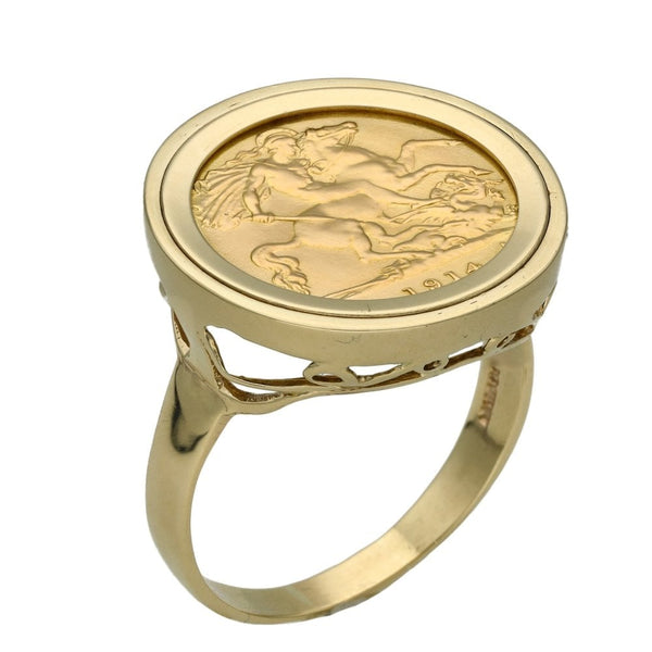 1914 Yellow Gold Half Sovereign Coin Ring - Size Y - 9.4g