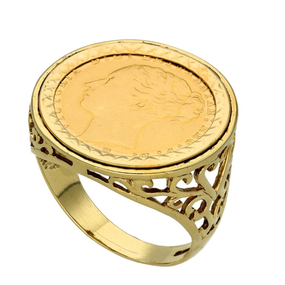 1886 Yellow Gold Full Sovereign Coin Mounted Ring - Size W