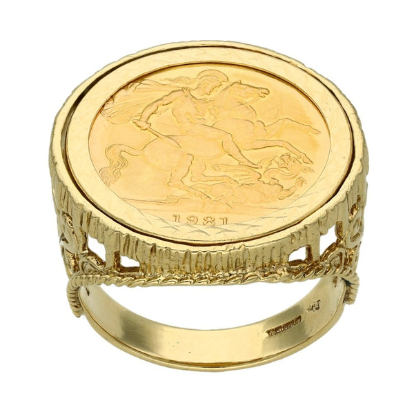 1981 Yellow Gold Full Sovereign Coin Mounted Ring - Size W