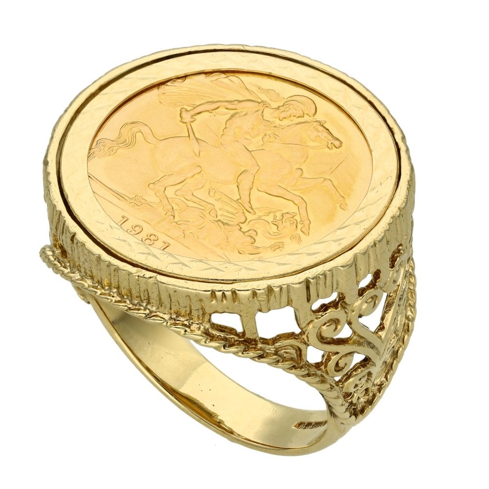1981 Yellow Gold Full Sovereign Coin Mounted Ring - Size W