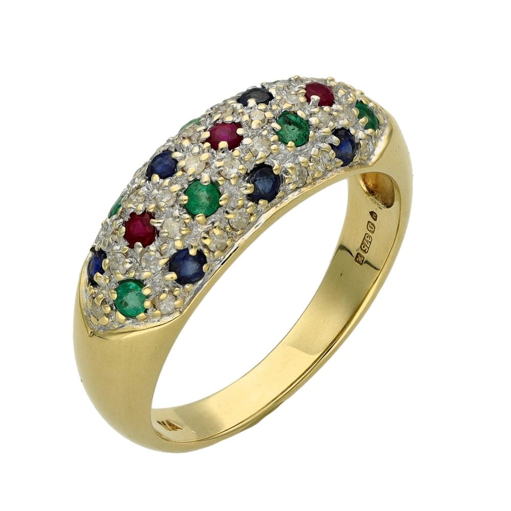 Ladies 9ct Yellow Gold Diamond & Coloured Stone Pave Style Ring