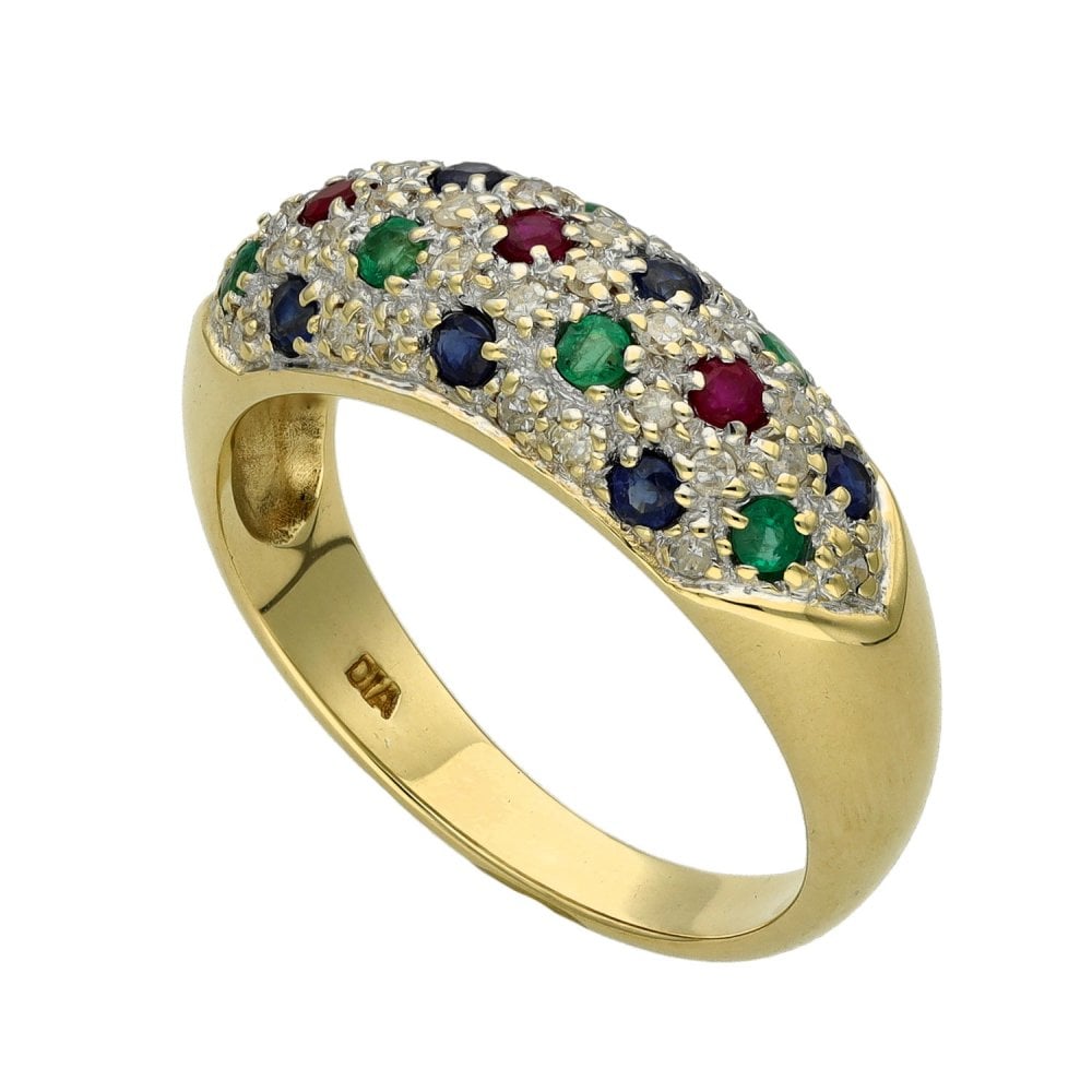 Ladies 9ct Yellow Gold Diamond & Coloured Stone Pave Style Ring