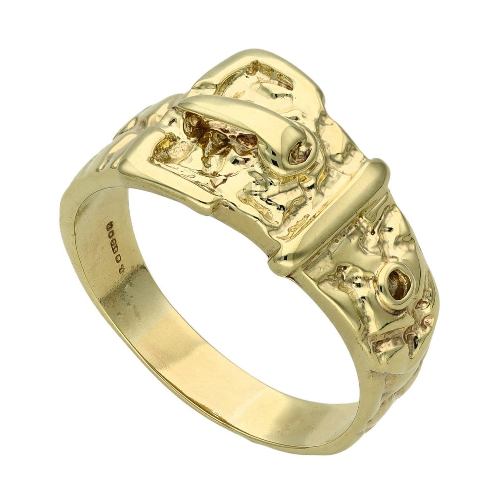 Mens 9ct Yellow Gold Patterned Buckle Ring - Size Y