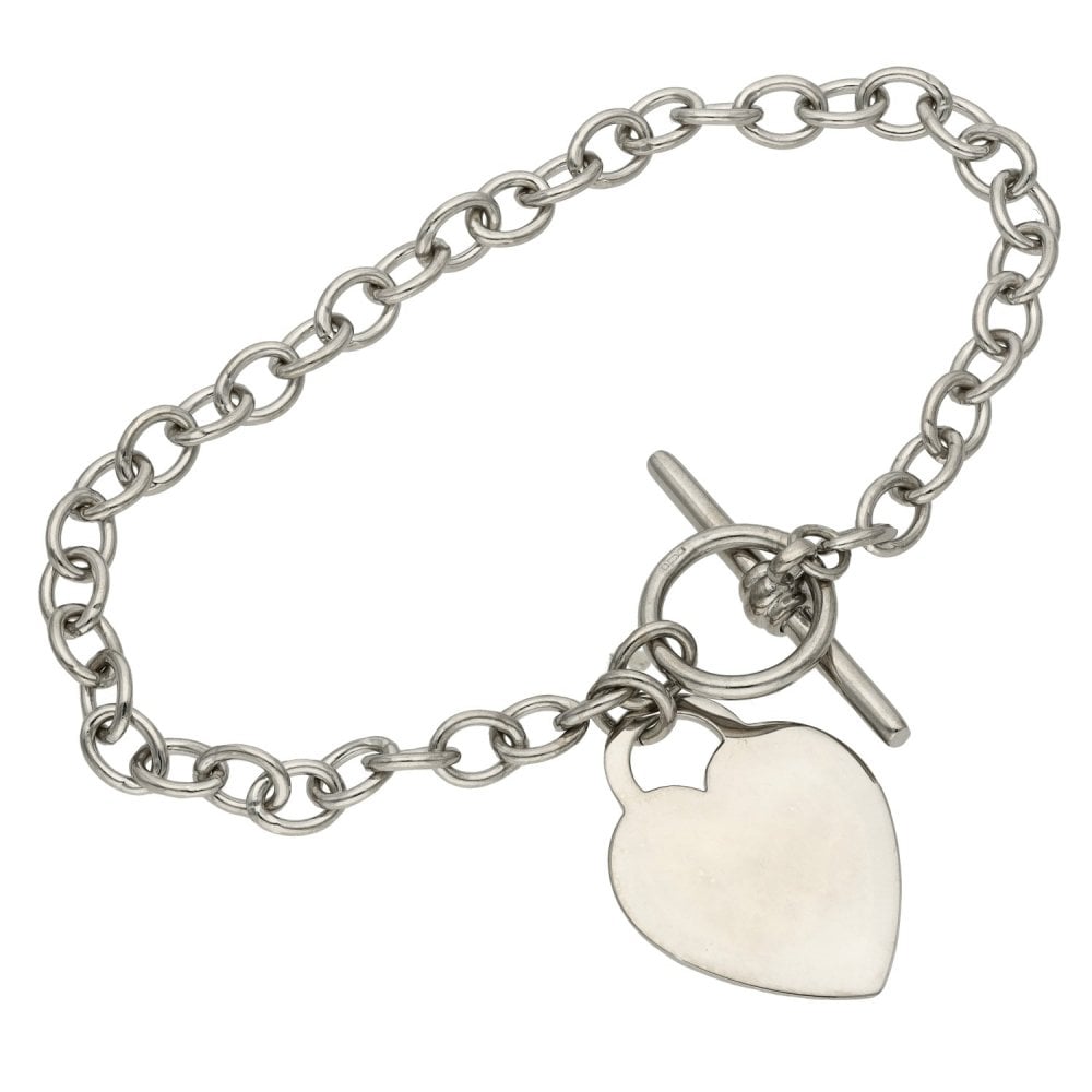 9ct White Gold Curb Bracelet & T-Bar Fastener & Heart -9" -17.4g