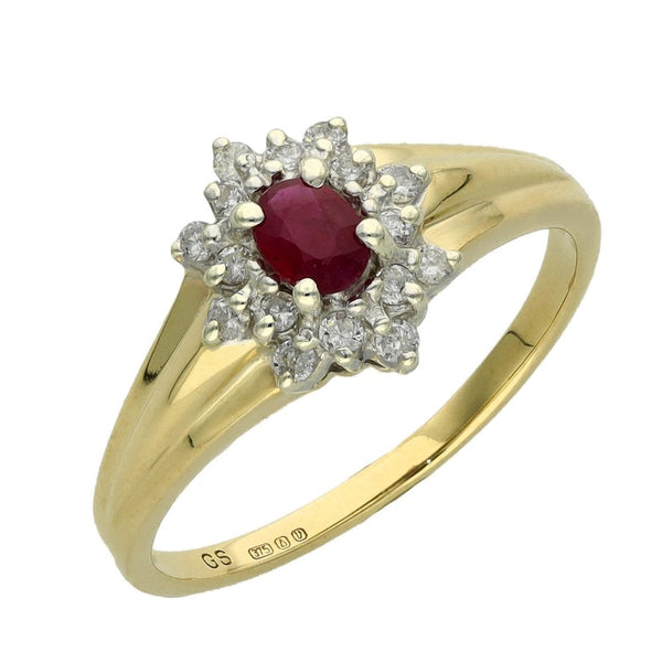 Ladies 9ct Yellow Gold Diamond & Ruby Cluster Ring - Size N