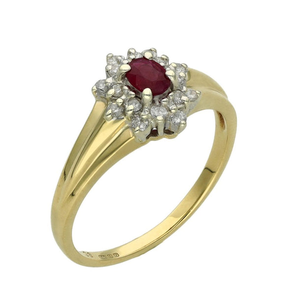 Ladies 9ct Yellow Gold Diamond & Ruby Cluster Ring - Size N