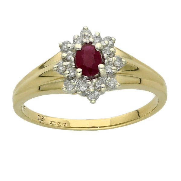 Ladies 9ct Yellow Gold Diamond & Ruby Cluster Ring - Size N