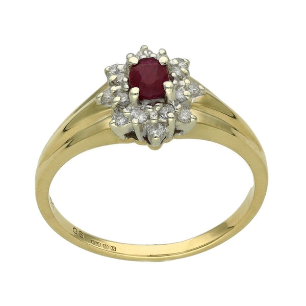 Ladies 9ct Yellow Gold Diamond & Ruby Cluster Ring - Size N