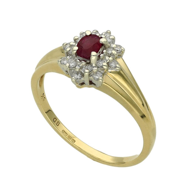 Ladies 9ct Yellow Gold Diamond & Ruby Cluster Ring - Size N