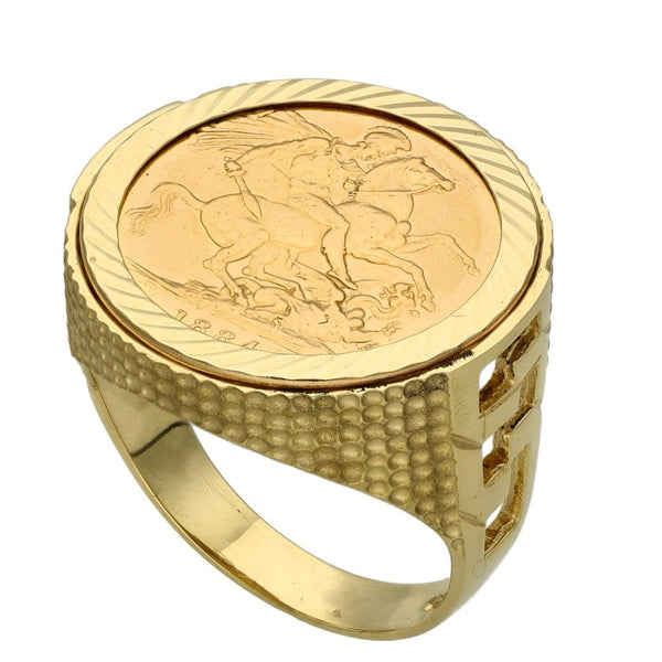 1884 Yellow Gold Full Sovereign Coin Mounted Ring - Size W